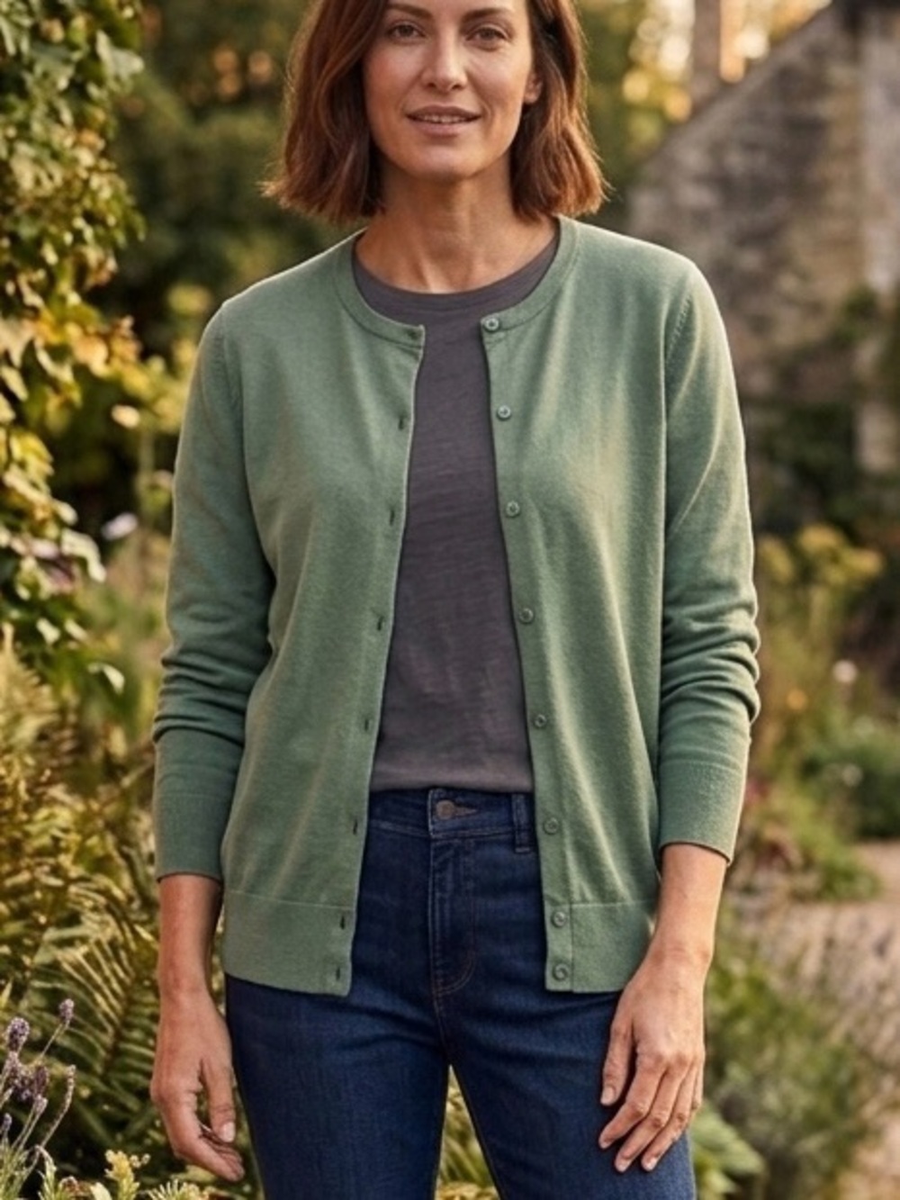 Lands End Womens Green Cotton Cardigan Sweater Size XL 18 Crewneck Classic